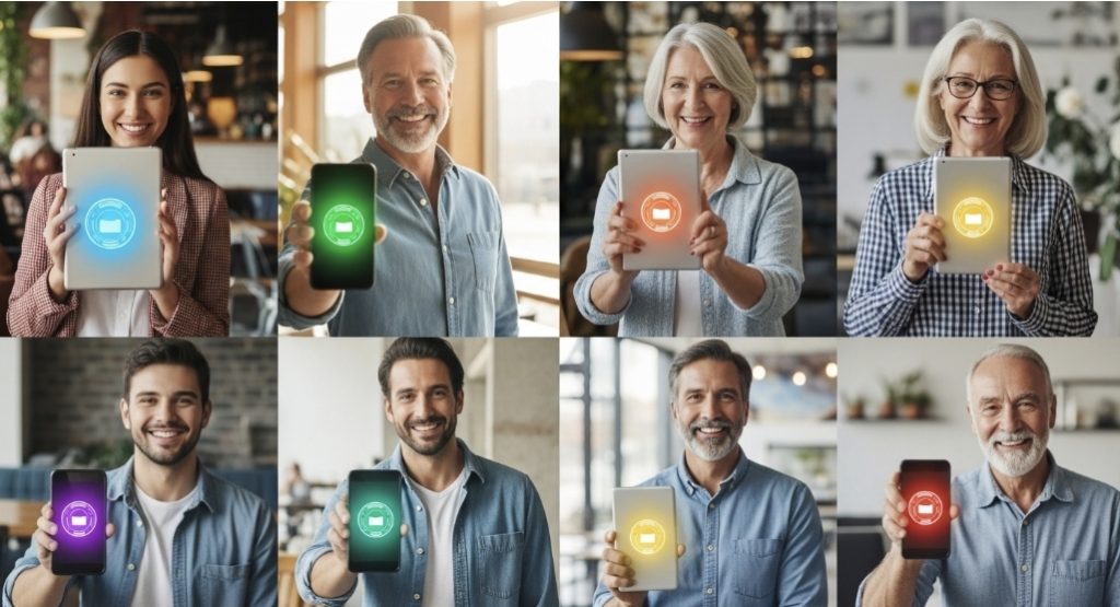 Diverse individuals displaying digital badges and certificates on their devices in modern work settings, symbolizing the rise of online certifications.