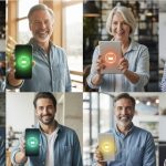 Diverse individuals displaying digital badges and certificates on their devices in modern work settings, symbolizing the rise of online certifications.